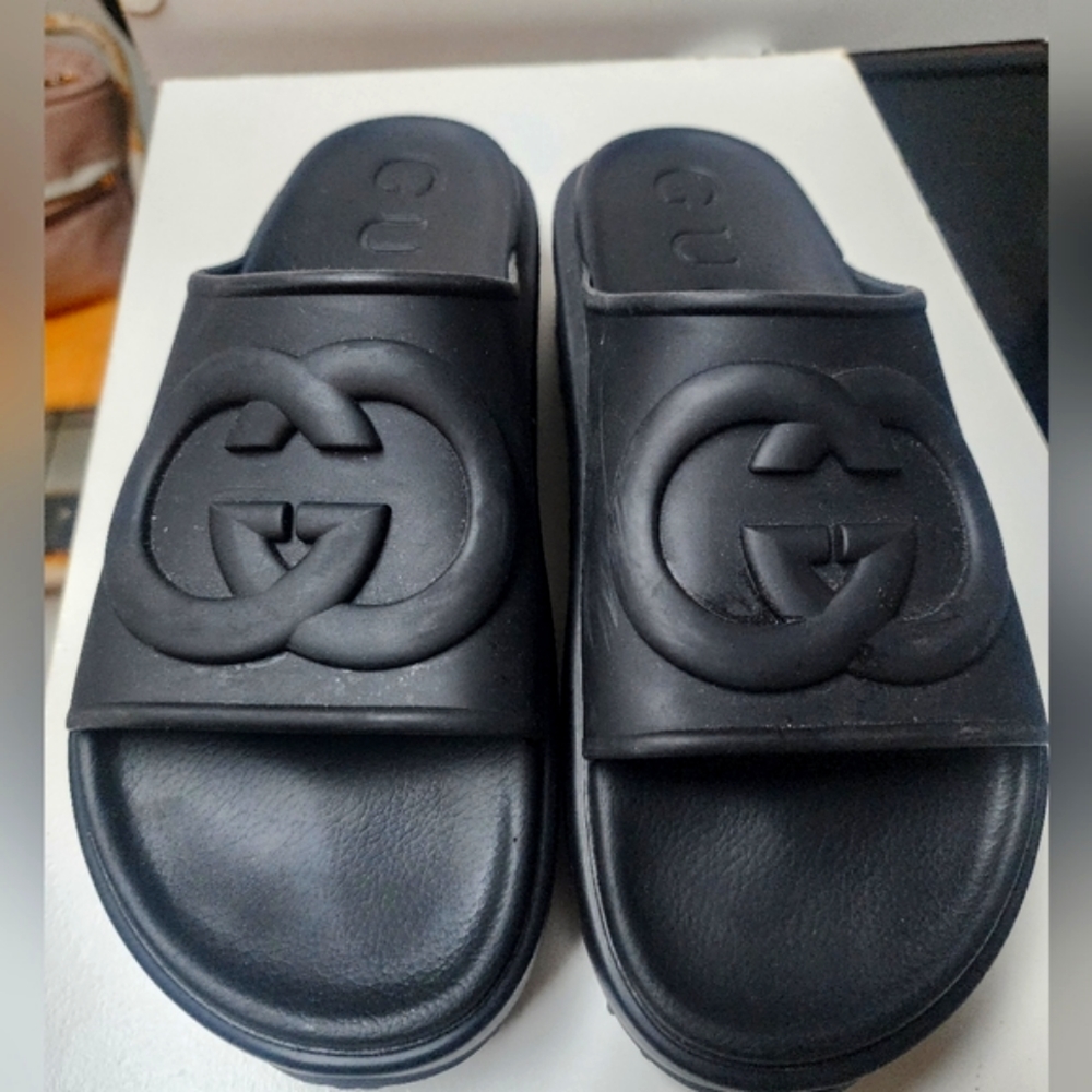 SOLD Men's Gucci Slides Authentic  GG embossed rubber flatform slides